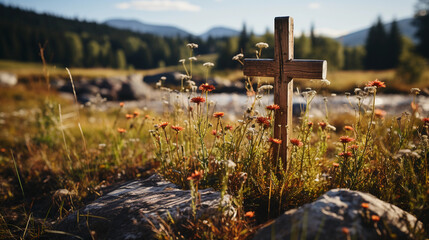 Wooden Cross Amidst Natural Meadow Setting: Serenity and Spirituality Interwoven