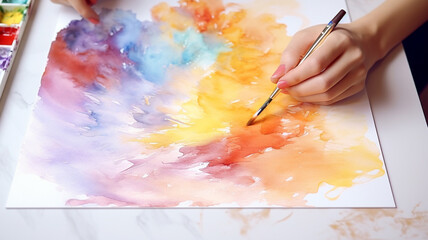 Watercolor splashes with hand holding a brush