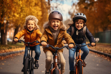children are riding bicycles on a road in a park - obrazy, fototapety, plakaty