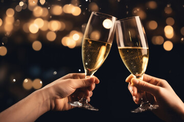 Close up of people celebrating and toasting with glasses of champagne at Christmas or new years eve party