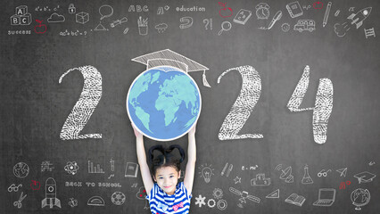 2024 educational academic new year calendar for school class with student kid raising world global...