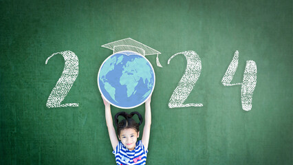 2024 educational academic new year calendar for school class with student kid raising world global...