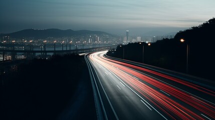 Speed Traffic Light Trails on Highway at Night

