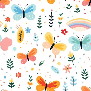 Butterflies Rainbows Pattern for Baby Girl Nursery Digital Paper Pack

