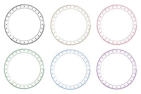Isolated set of colored stamps with snowflakes around a circle. For Christmas or New Year's greetings. Blank template for your text or logo. Black, gold, green, red, blue, purple isolated on white.