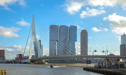 Foto auf Acrylglas Erasmusbrücke Erasmusbrug with cityscape in the background in the cloudy sky, Rotterdam, architecture, Netherlands
