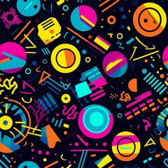 Obraz premium Neon Flashback: 90s Party-Inspired Vivid Seamless Pattern