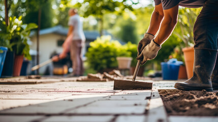Des ouvriers en train de créer une allée de pavés en béton dans le jardin d'une maison.
