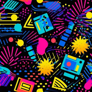 Neon Flashback: 90s Party-Inspired Vivid Seamless Pattern

