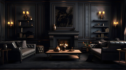 Black classic interior with sofa, table, carpet, decor and moldings wall panel. 3d illustration