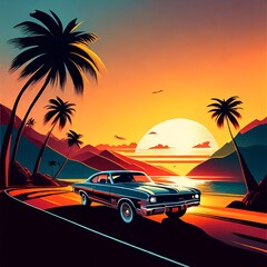 Vintage Car Cruising Down a Palm-Lined Road