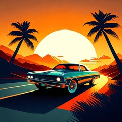 Vintage Car Cruising Down a Palm-Lined Road