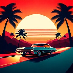 Vintage Car Cruising Down a Palm-Lined Road