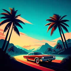 Vintage Car Cruising Down a Palm-Lined Road