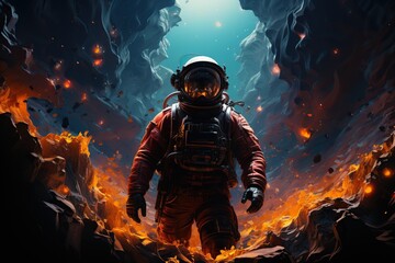 Fototapeta premium colorful space cop with a space astronaut suit, many light in background, illustration