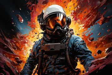 colorful space cop with a space astronaut suit, many light in background, illustration