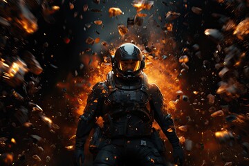 Space soldier with orange armor suit, many lights in background, illustration