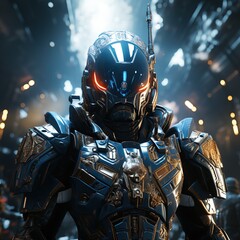 Space soldier with blue armor suit, many lights in background, illustration