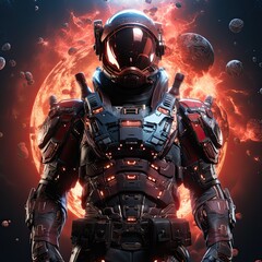 Space soldier in space with red armor suit, many lights in background, illustration