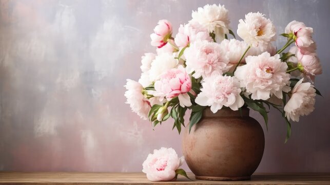 Blooms of Home Bliss: Stock images showcase lovely peony pink and white flowers against a rustic wall background, bringing a touch of sweet home charm.