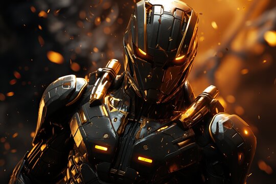 great space soldier in space with yellow armor suit, illustration