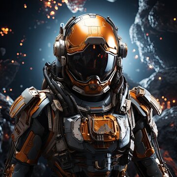 a space soldier in space with orange armor suit, illustration
