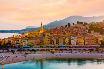 colorful old town Menton on the French Riviera France during sunset. Drone aerial view over Menton...