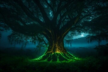 a tree of life in a jungle at night illuminated with fireflies