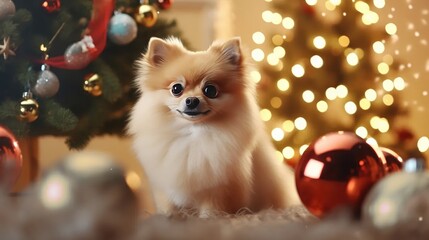 Fototapeta na wymiar Stock images feature 'Merry Christmas' moments with a cute Danish Spitz dog sitting against a stylish Christmas tree.