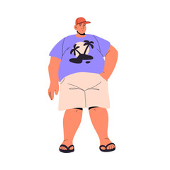 Fat tourist in summer cap on travel vacation. Shy chubby man, plump boy with overweight problem. Obese figure people standing. Body positivity. Flat isolated vector illustration on white background