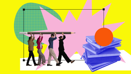 Young people, student, employees carrying giant pencil, study time. Growing knowledge. Contemporary...