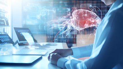 Digital 3d projection of a human brain, Network Brain Images Human Brain Images,Businessman using using digital 3d projection of a human brain.AI Generative 