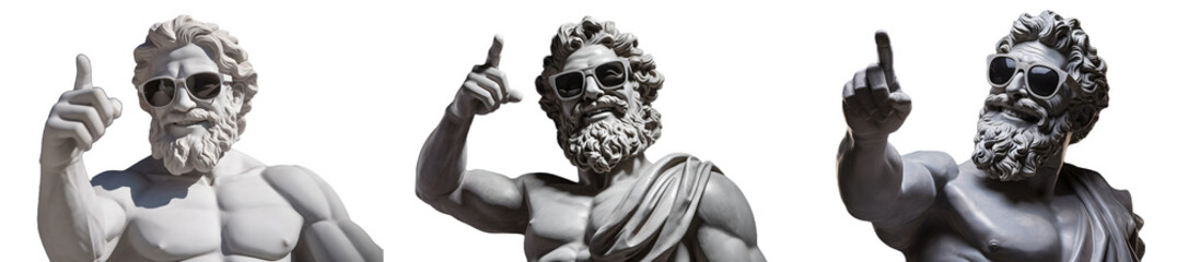 Collection of male statues in the style of Greek gods pointing finger at your advertisement, set of sculptures of a Greek man in sunglasses isolated on a transparent background