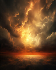 dramatic sky with Cumulonimbus clouds and ray of light from the sun in sunset, hyper realistic, dramatic light and shadows,