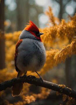 Medium shot, Gray and red feathers on a bird, in the style of yellow and orange, northern china's terrain, moody lighting, best quality, full body portrait, real picture, intricate details, depth of f