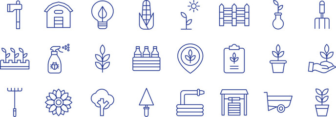 Agriculture and farming outline icons set, including icons such as Hydroponics farm, Planting, Leaf, Fork, Vertical Farming, and more. Vector icon collection