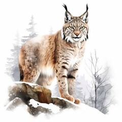 Obraz premium Luchs Aquarell Wildkatze Winterlandschaft Raubtierportrait Schneeszene Naturkunst Elegantes Wandbild Tierbeobachtung Geschenkidee Wildlife Luchs Schnee Landschaft