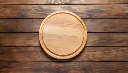 Wooden round empty board for pizza on wood table background, top view. Mockup for menu, recipe or any dish. Vertical image