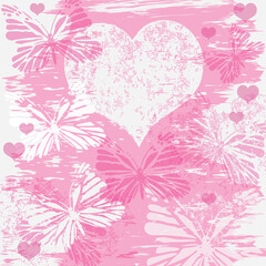 Vector Valentine grunge rose frame with translucent heart and butterflies