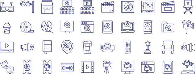 Movie outline icons set, including icons such as cinema, Clapperboard, Controls, Director chair, and more. Vector icon collection