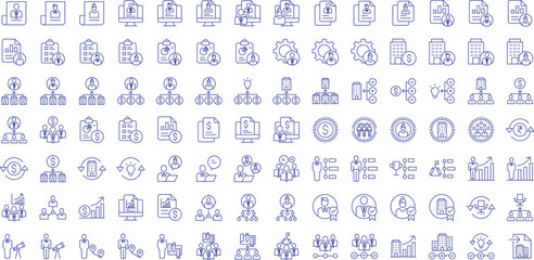 Business and management outline icons set, including icons such as Boss, Worker, Office team, marketing Advisor, Finance, Sales, Customer, and more. Vector icon collection