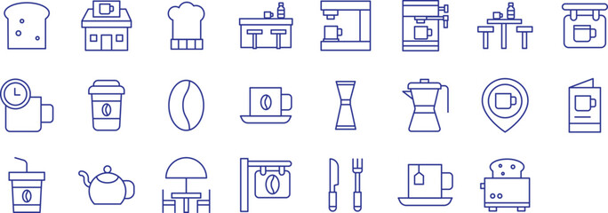 Coffee bar outline icons set, including icons such as Bread, Building, Chef, Coffee Maker, Coffee Shop, and more. Vector icon collection