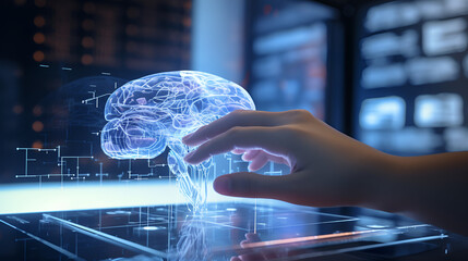 Network Brain Images Human Brain Images,Businessman using using digital 3d projection of a human brain,brain in a computer.AI Generative 