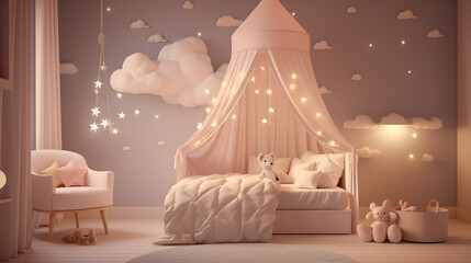 Modern child room interior with comfortable bed garland and beautiful light bulbs 3d illustration - Powered by Adobe