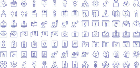 Art and Creativity outline icons set, including icons such as Box, Brainstorming, Brush, Compass, Color Pencil, and more. Vector icon collection
