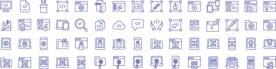 Design and development outline icons set, including icons such as Cloud, Coding File, Design Tool, and more. Vector icon collection