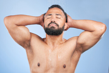 Bath water, shower and man wet, grooming and morning self care maintenance, bathroom body cleaning...