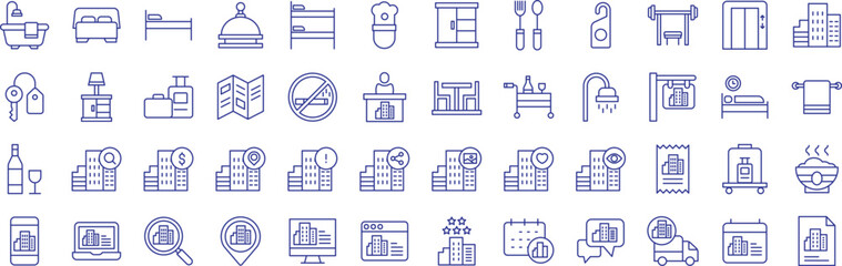 Hotel service outline icons set, including icons such as Bathtub, Embed, File, Call, Chef, Bell, and more. Vector icon collection