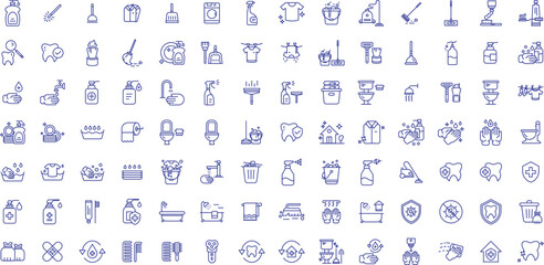 Naklejka na ściany i meble Cleaning and disinfection outline icons set, including icons such as Anti Virus, Broom, Cleaner, Commode, Clean Home, and more. Vector icon collection