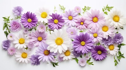 Fototapeta premium Hello Spring Elegance: beauty of spring with a flat lay featuring daisy and lilac flowers.